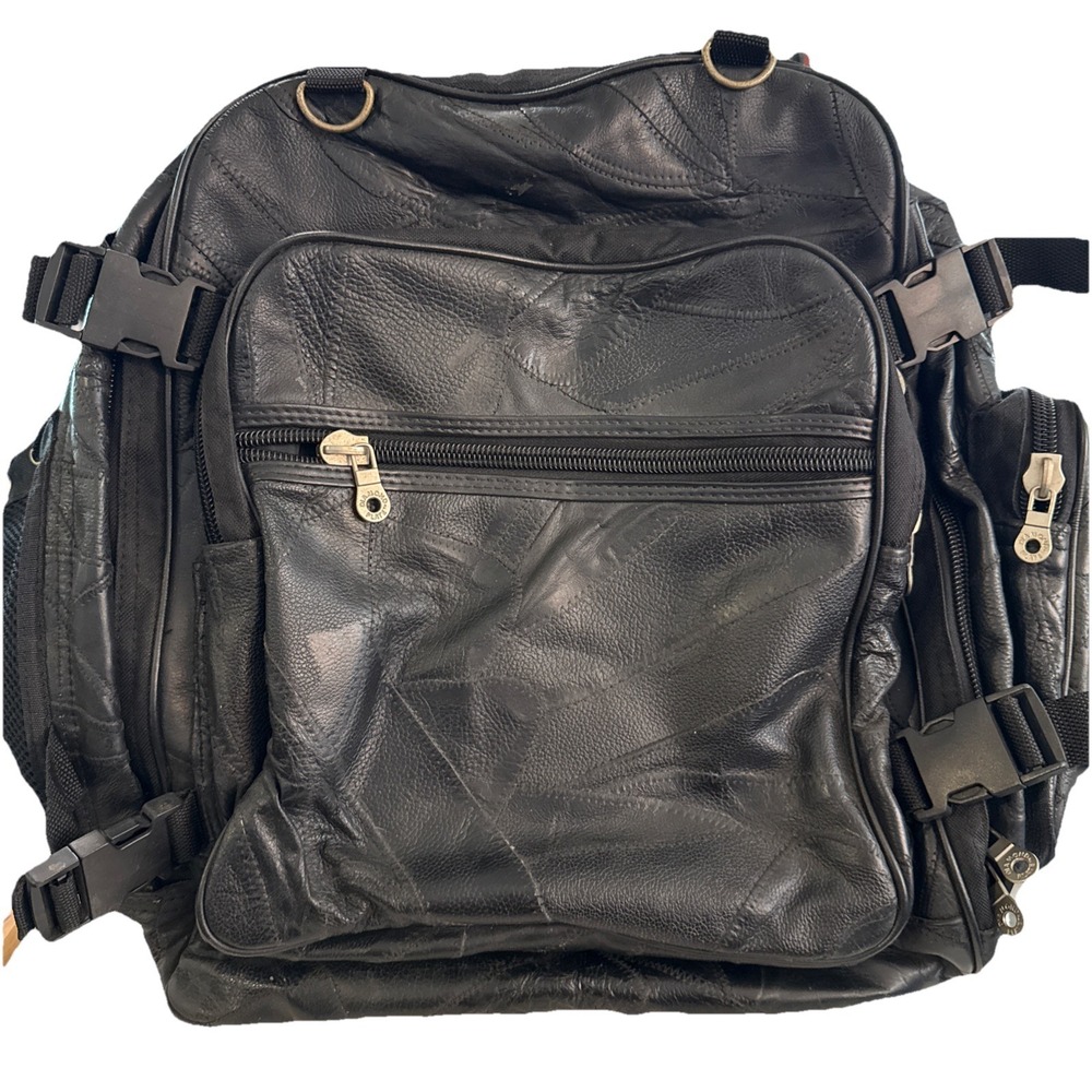Diamond Plate Buffalo Leather Backpack Great Biker Wear Patchwork Black Zip Clip